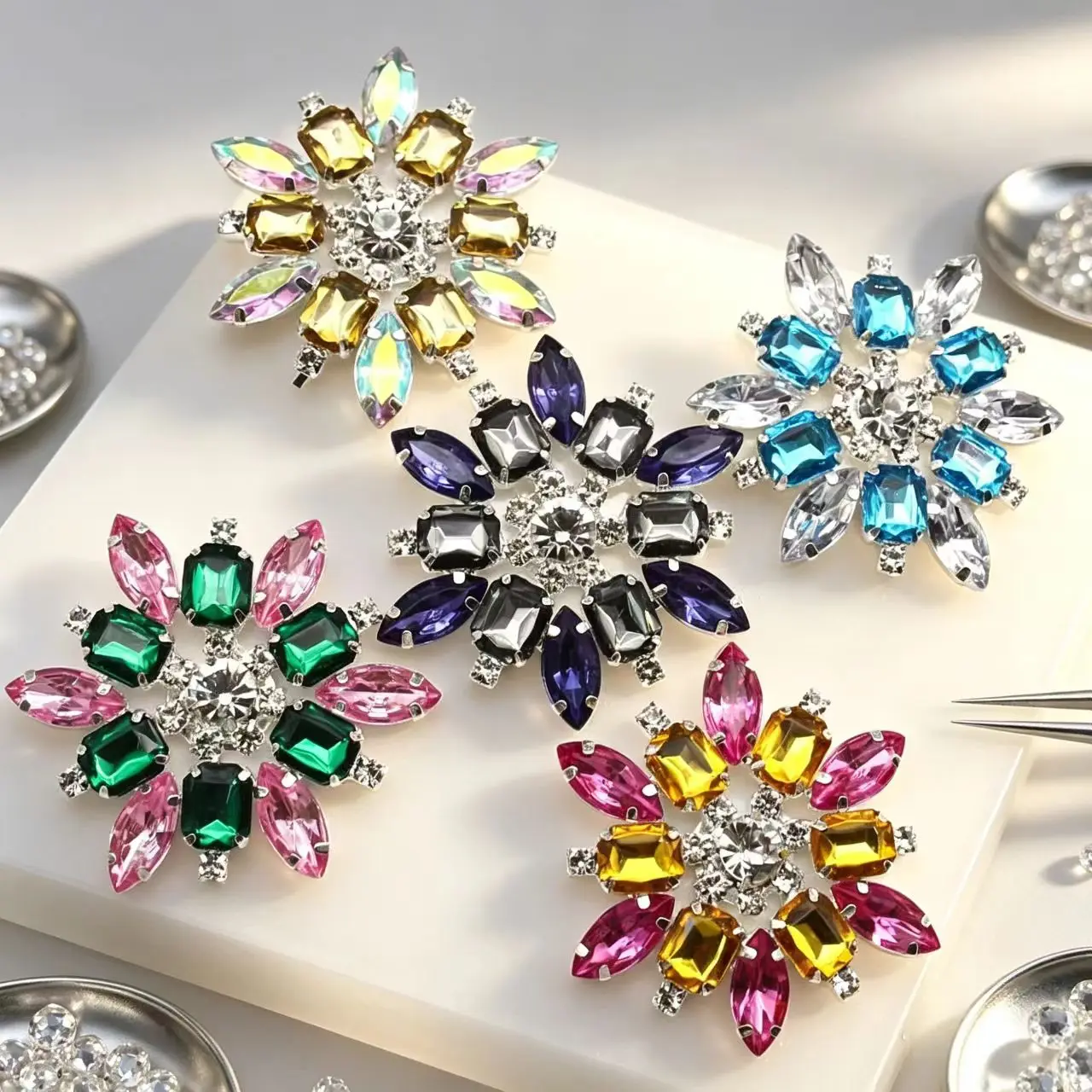 Multi-Color 5cm Flower Shape Rhinestone Sew On Applique Crystal Stone Patch 2 Pcs/Pack Wedding Dress Accessories DIY Craft