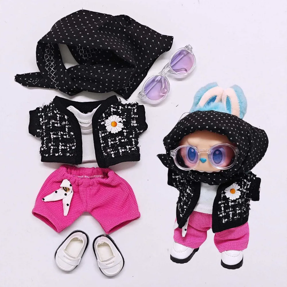 1SET 17cm Labubu Doll Clothes Headscarf Coat T-shirt  Pants Shoes Glasses Doll Accessories Sitting Party Changing Dress Game Toy