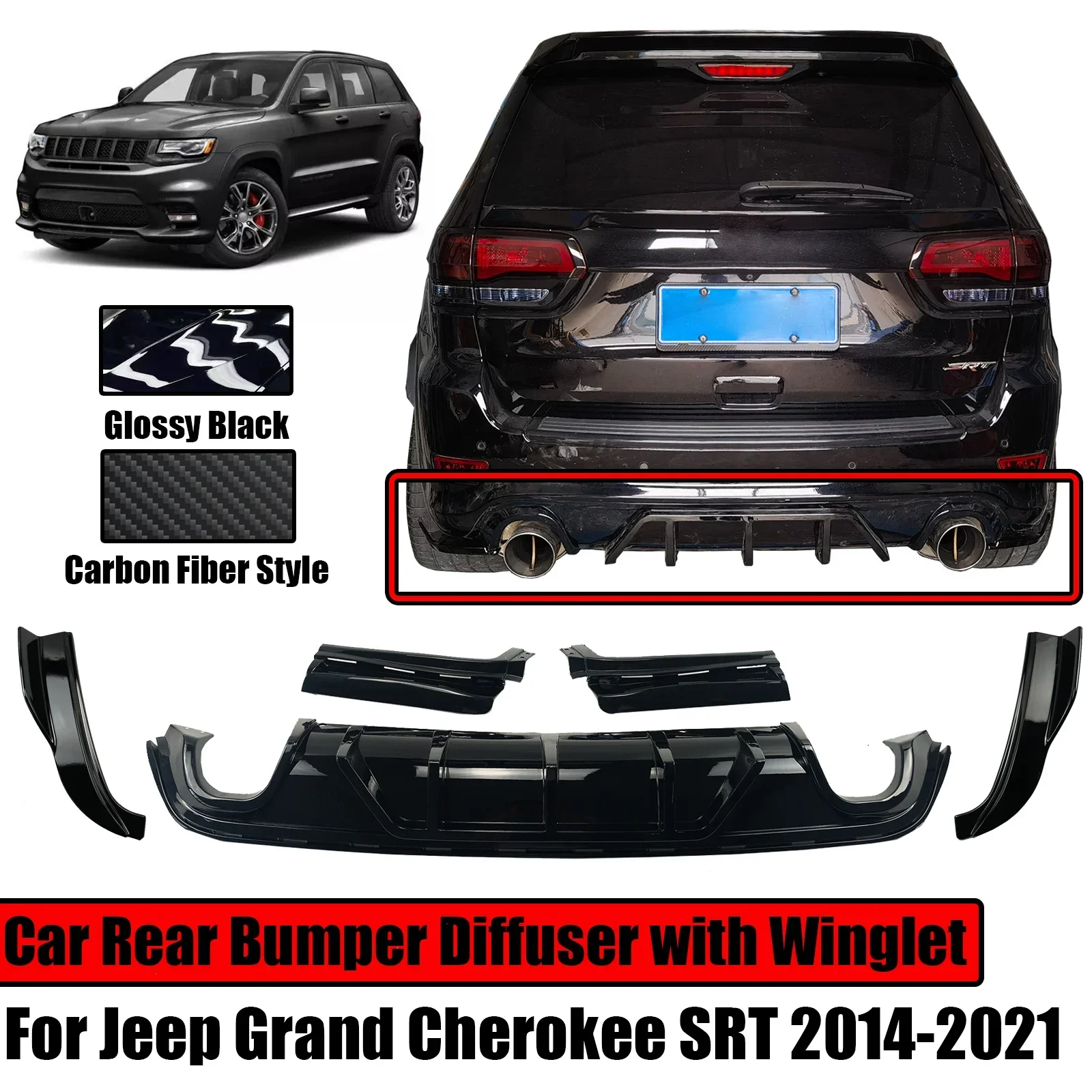 

Автомобильный диффузор для заднего бампера с крыльями для Jeep Grand Cherokee SRT 2014-2021, боковой угловой сплиттер, спойлер, комплект для кузова губ