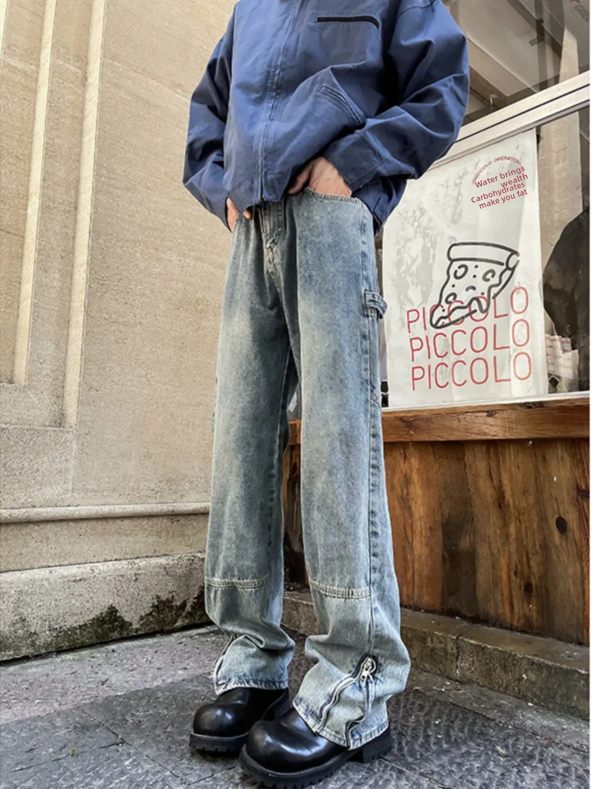 

Men's Zipper Slit Jeans Straight Leg Loose Fit Long Trousers American Retro Design Spring Autumn Wear Youth Faion