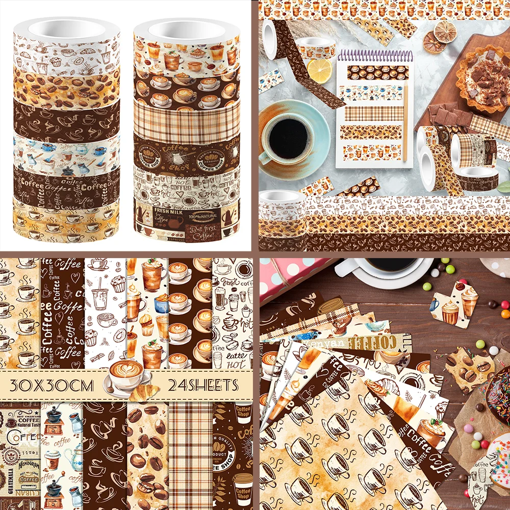 Vintage Coffee Pattern Washi Tape and Scrapbooking Paper Double-Sided Origami Art Background Photo Album Decor DIY Craft Paper