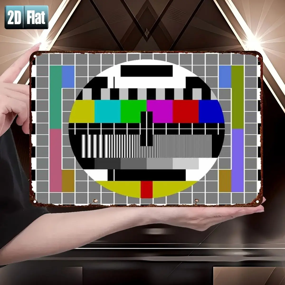 Vintage Metall-Blechschild 8x12 Zoll, Klassisches TV-Testmuster Wanddekoration für Zimmer Bar Tür, Retro Buntes Geometrisches Kunstposter