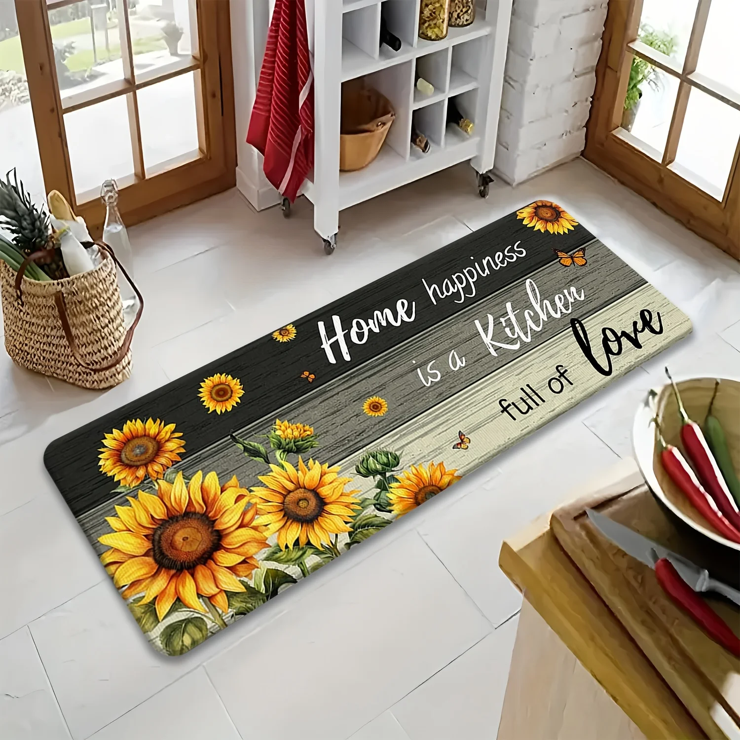 Home Happiness Is A Kitchen Full of Love Sunflower Butterfly Wooden Plank Kitchen Runner Rug  Farmhouse Long Floor Mat