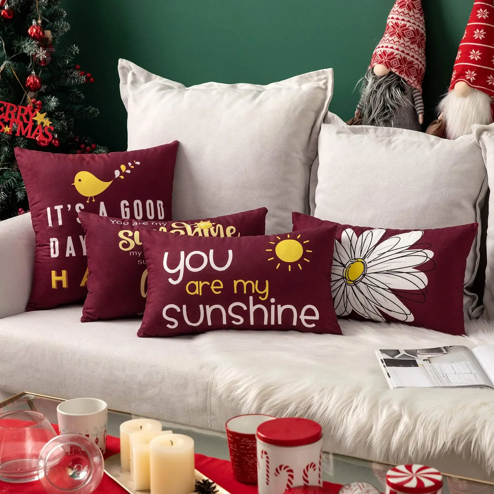 You are my sun daisy happy bird dark red waist pillow cover sofa cushion cover home decoration can be customized 30*50 40*60