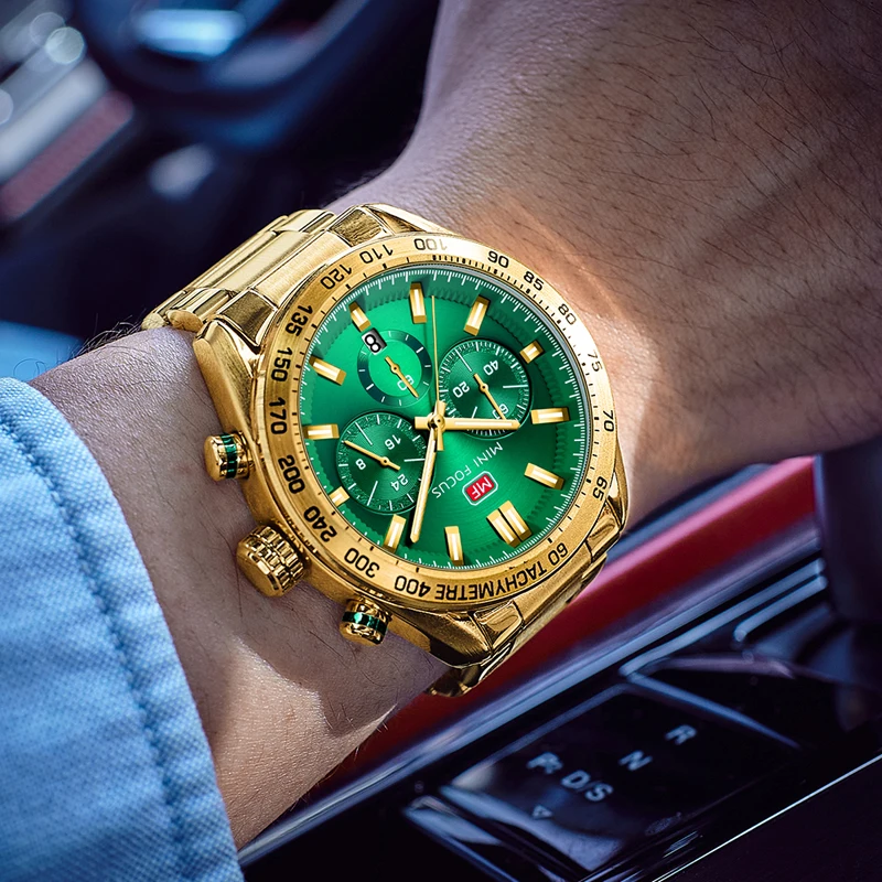 High End MINI FOCUS MF0403G Business Watch Men Waterproof Luminous Hands Big Dial Gold Stainless Steel Band Quartz Watches