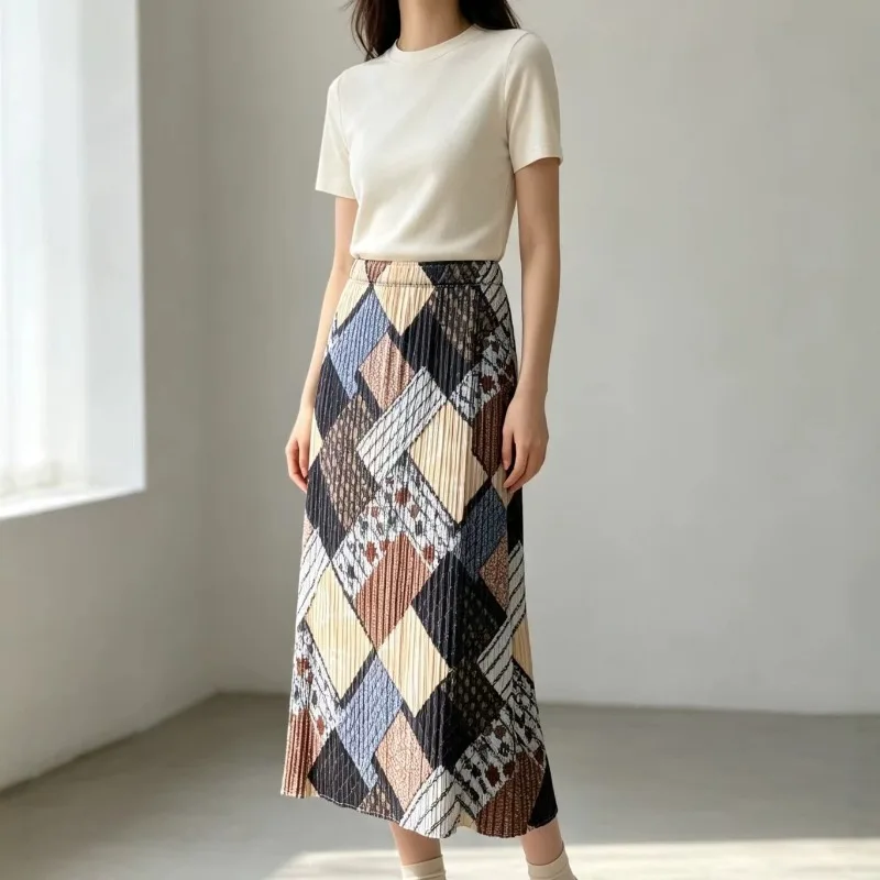 Miyake Pleated Printed Skirt 2026 Summer New Style with Side Slits Unique fold jupe Casual and Elegant A-Line Skirt Versatile