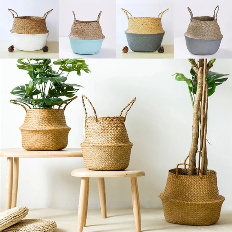 Wicker Rattan Laundry Basket Foldable Natural Woven Basket Seaweed Storage Pot Garden Flower Vase Picnic Plant Storage Basket