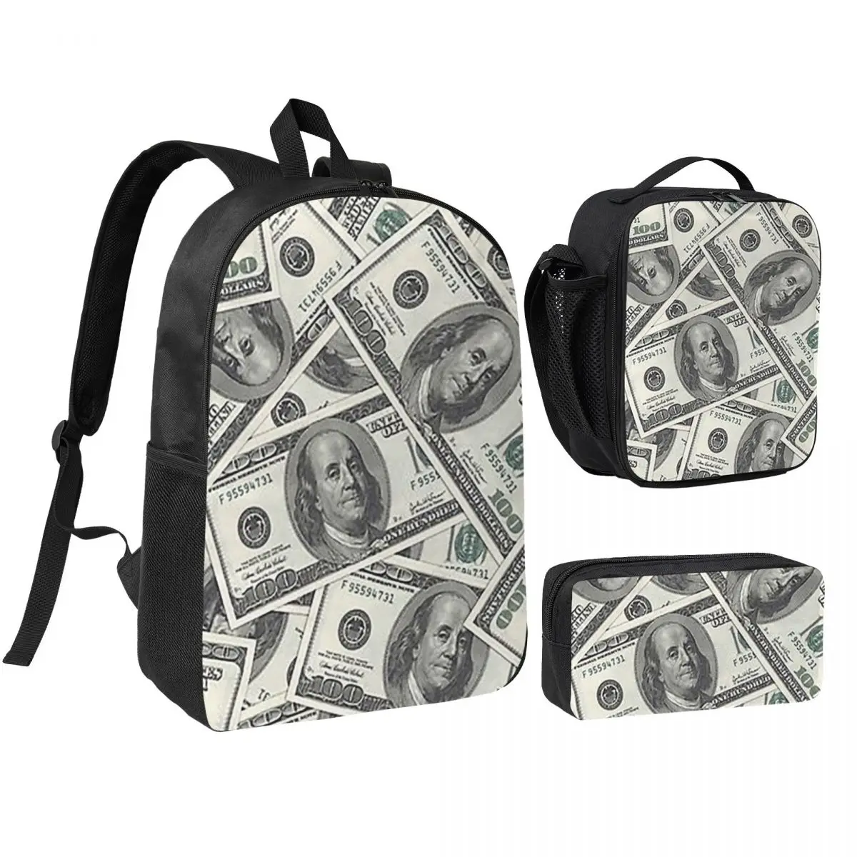 

Rich Money Novelty Dollars Backpack Boys Girls BookBag School Bag Shoulder Bags 3ps Insulated Lunch Bag Pencil Case