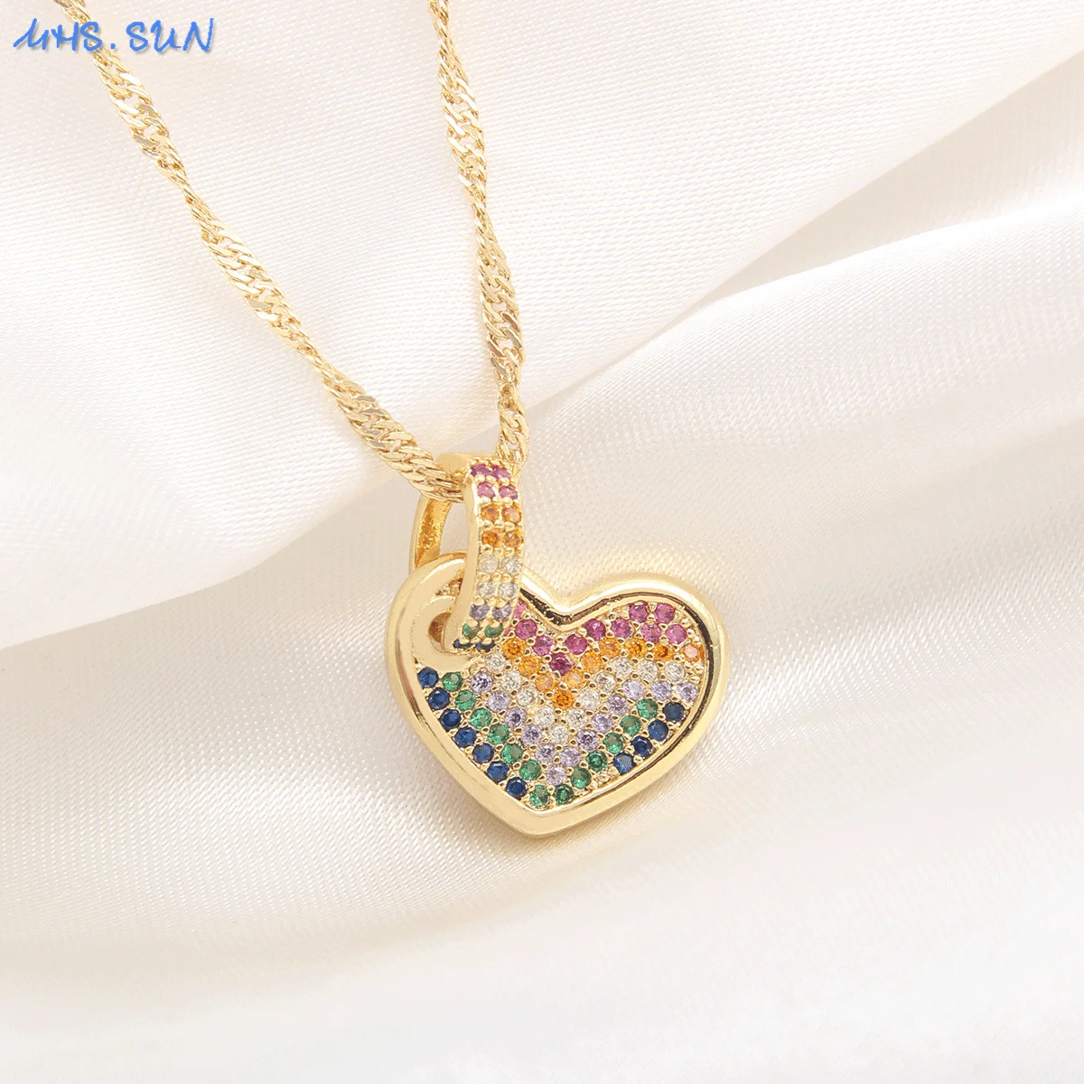MHS.SUN Rainbow Colorful AAA Cubic Zircon Heart Pendant Necklace Gold Plated Women Choker Clavicle Chain Valentine's Day Jewelry