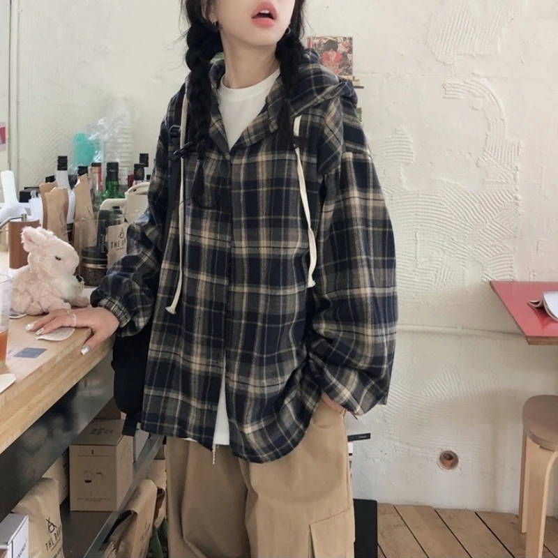 

Ladies' Chic Loose Fit Autumn Winter Plaid Long Sve Coat with Hood Vintage Sle Casual Slimming Korean Faion Outerwear