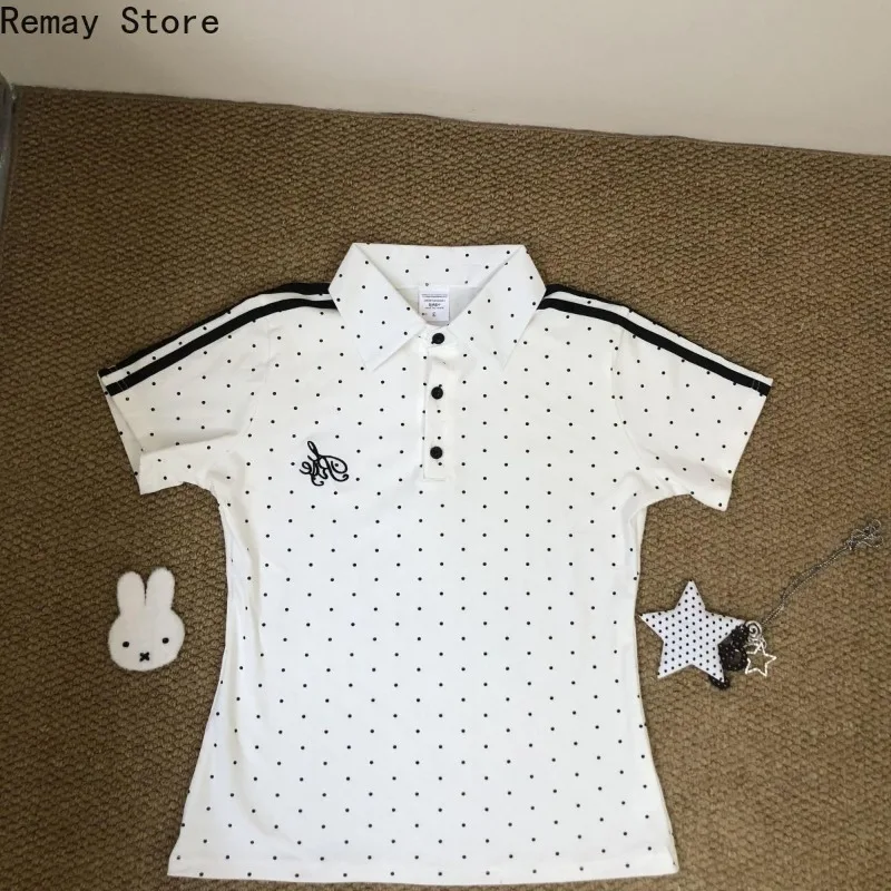 Summer New Japanese Kawaii Black White Polka Dot Gym Tops Women's Y2k Retro Korean Fashion Shirt Female Clothing Sweet Tees 2026