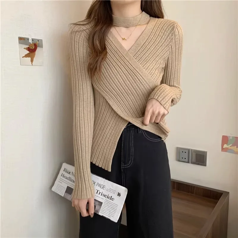 Fashion Autumn Cut Out Sexy Women Knitted Tops 2024 Elegant Long Sleeve Sweater Winter Slim Solid Casual Clothing