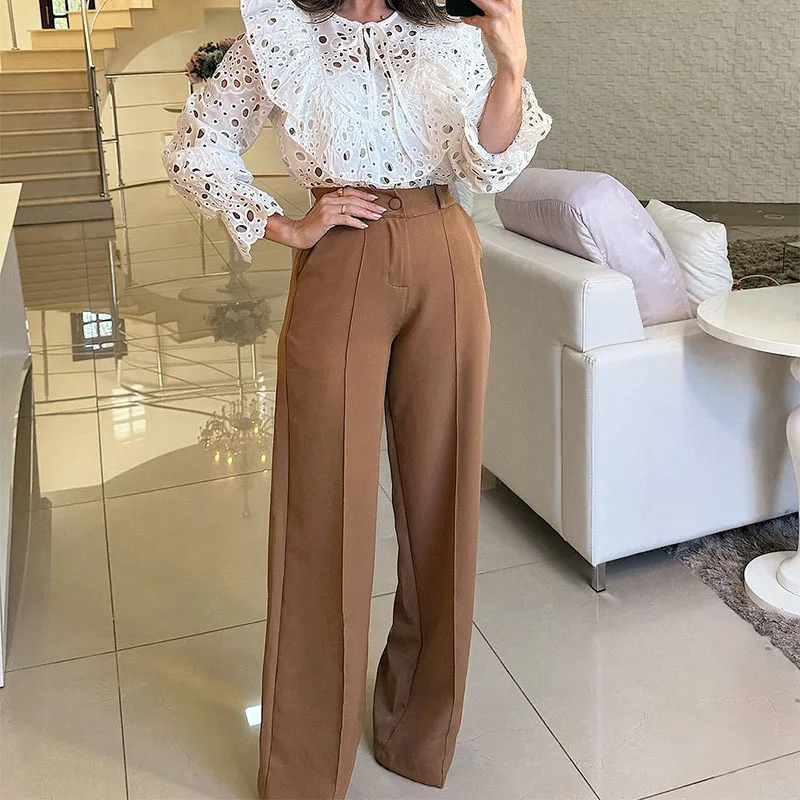 

New Fashion Solid Color Button Slim Long Pants Office Ladies Elegant High Waist Pocket Trousers Casual Streetwear Straight Pants