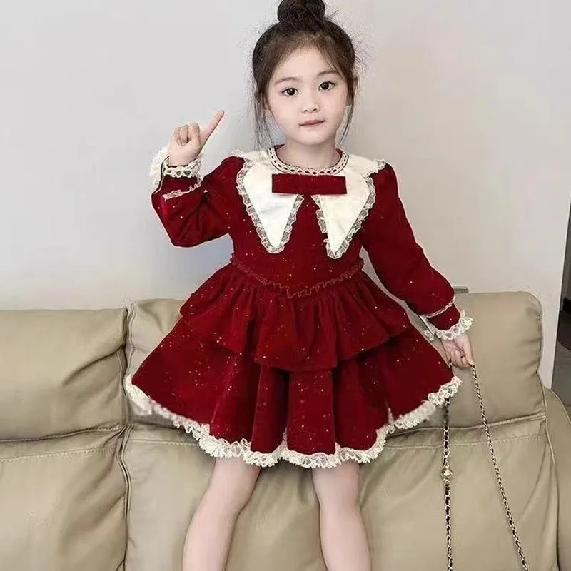 

Girls Red Glitter Velvet Dress 2025 Spring And Winter New Korean Version Girl Thickened Velvet New Year's Princess Dress