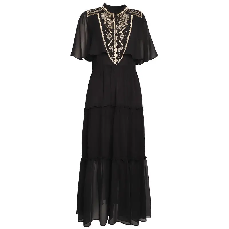 

2022 Summer new dress temperament goddess style hollow out embroidery Ruffle stitching dress