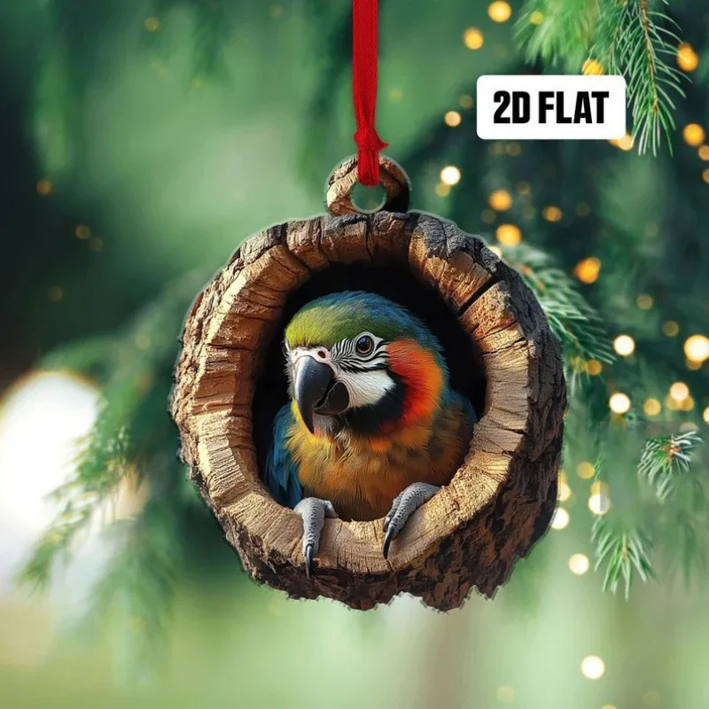 2D Flat Acrylic Tree Hole Animal Pendant Keychain Christmas Tree Home Party Decoration Flat Rearview Mirror Pendant Holiday Gift