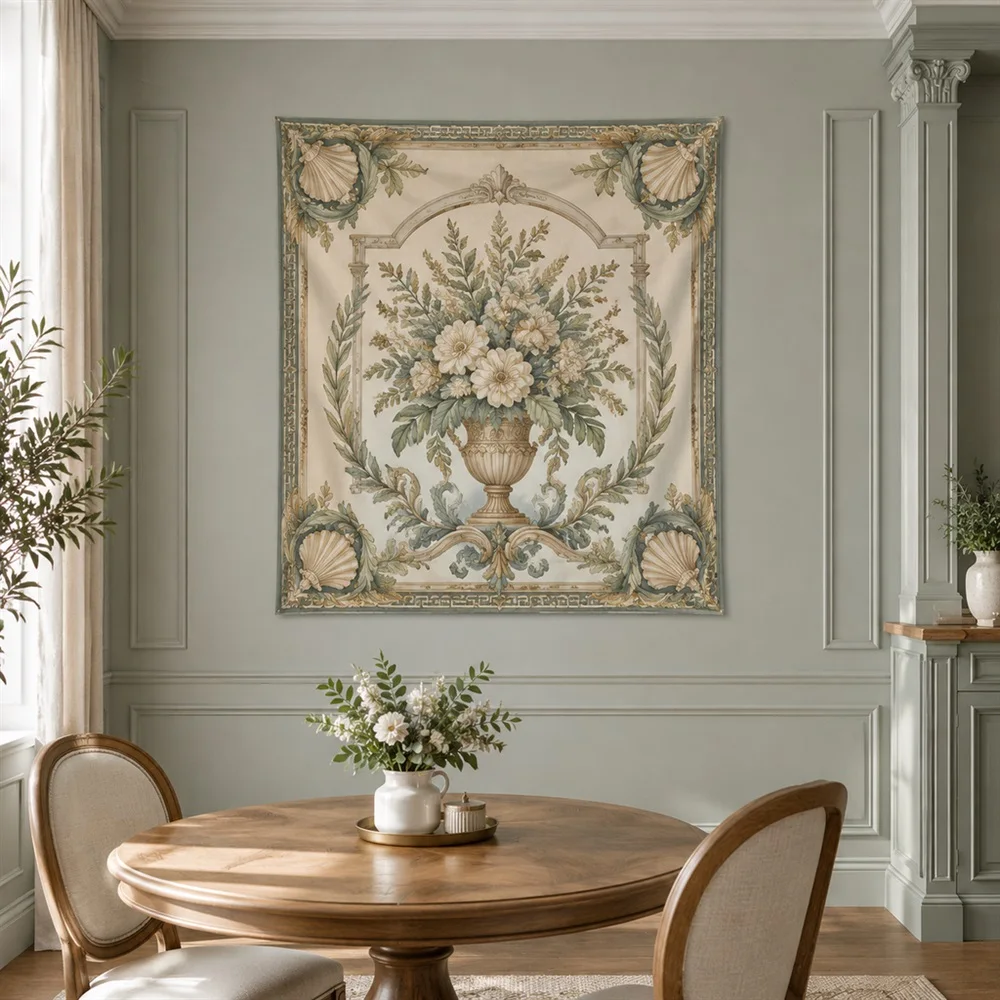VIKAMA Classic Vase Bouquet Corner Motif Tapestry Wall Hanging, Neoclassical Wall Decor Tapestries for Bedroom Nursery Kids Room