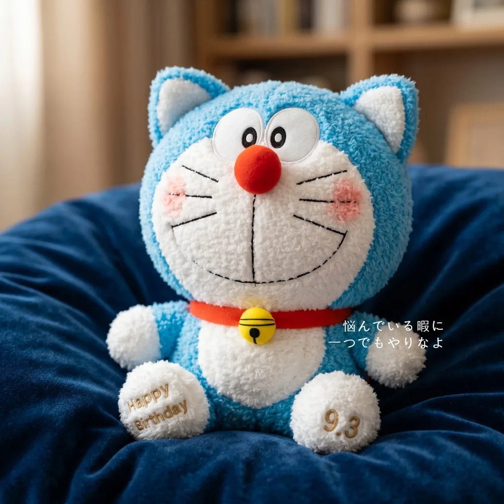 Cute Birthday Version Doraemon Stuffed Plush Doll, Embroidery Foot Print Design Toy, Lovely Home Birthday Gift for Anime Lovers