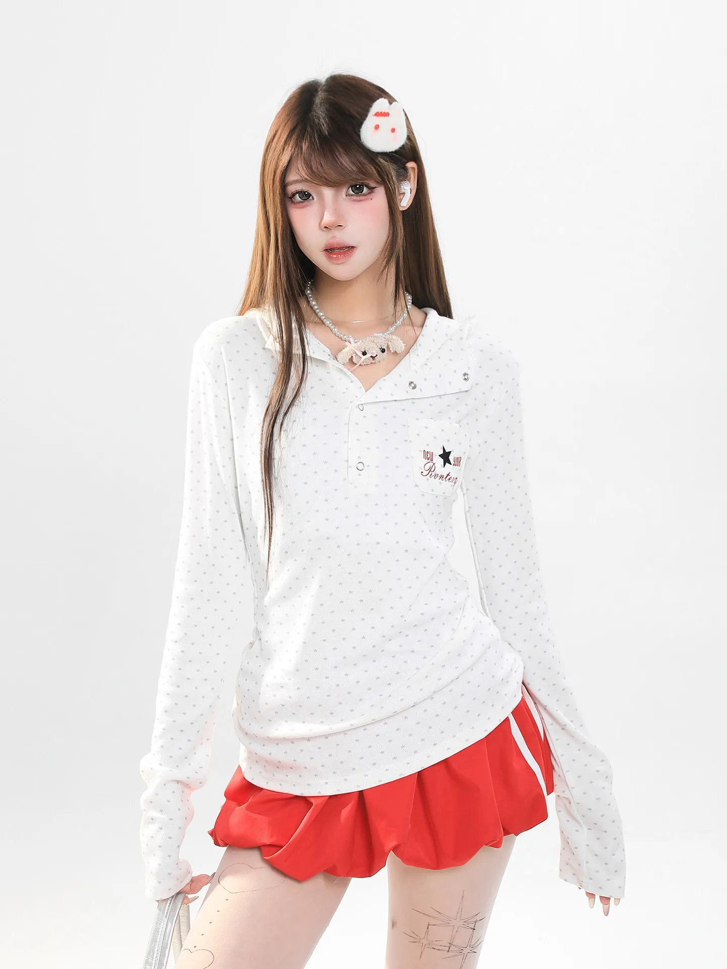 

Ретро-футболка с длинным рукавом в американском стиле с принтом в горошек, женская, весенняя, для девушек, с эффектом похудения, повседневный стиль, универсальный крой