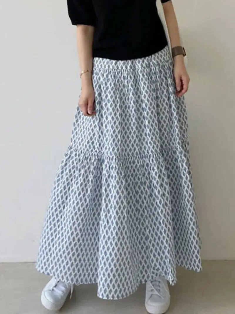 

Chic High Waist Midi Skirt Women's Long Skirt Spring Summer Vintage Ethnic Diamond Design All-Match Maxi Skirt Korean DZH8