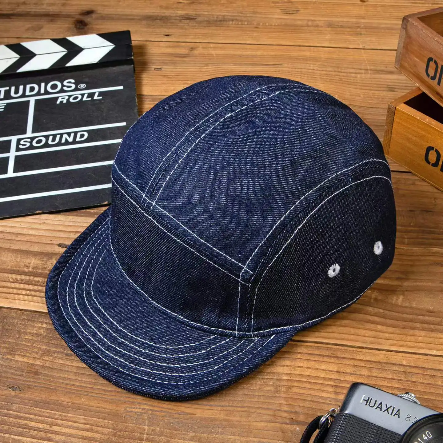White plastic board with white stitching,denim flat-brim baseball cap,simple style,suitable for motorcycle riding and daily use