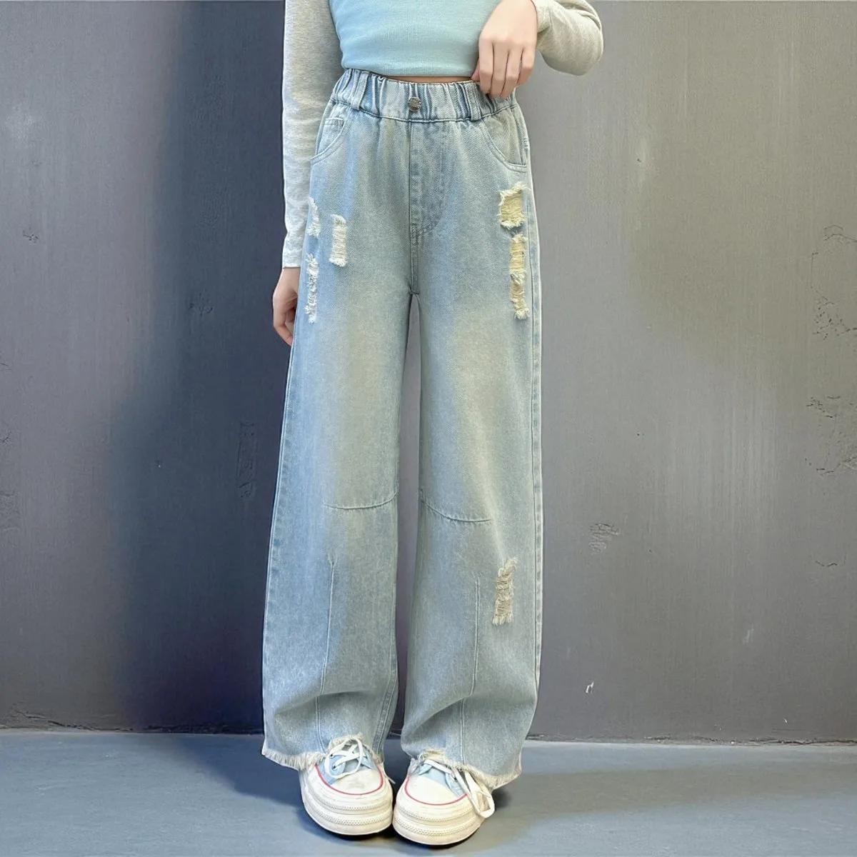 School Kids Baggy Jeans for Girls Wide Leg Denim Pants Girls Loose Ripped Trousers Streetwear Children Outfits 6 7 8 10 12 Years