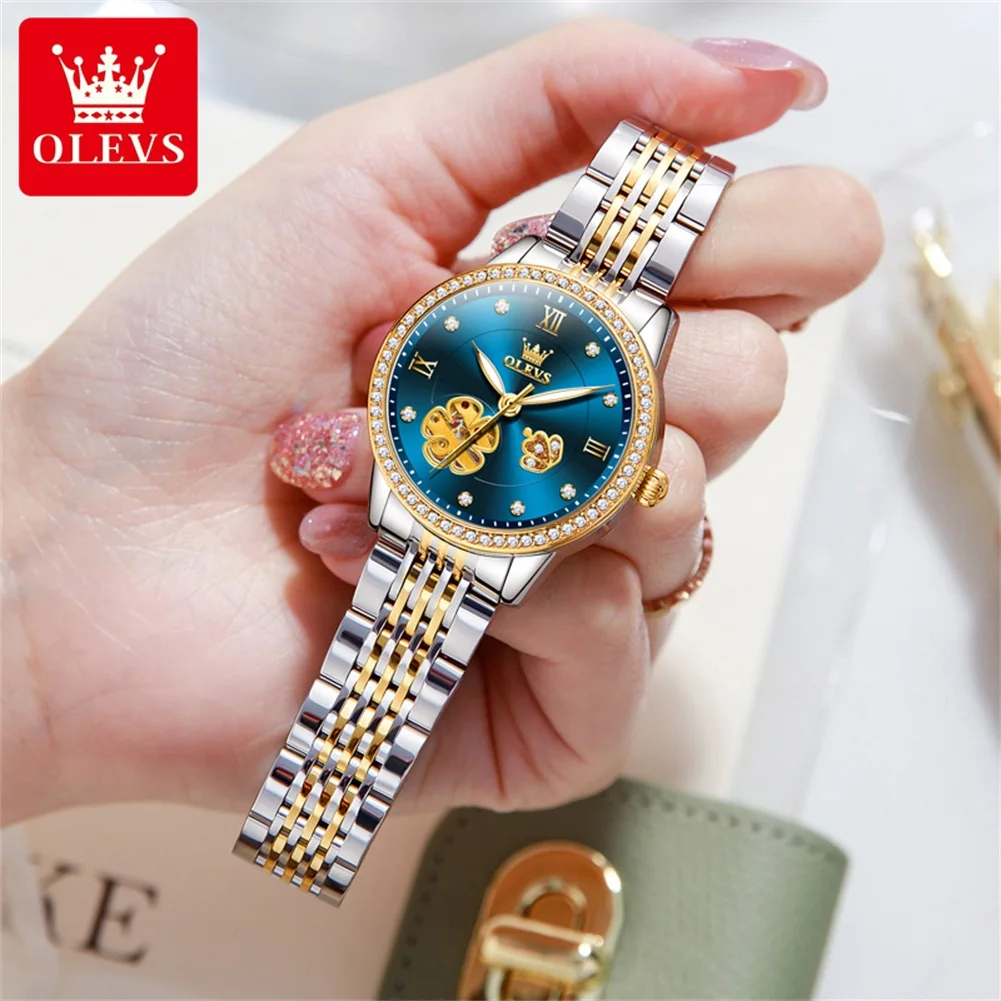 OLEVS Women\'s Watches Elegant Fashion Hollow Flower Dial Automatic Wristwatch Waterproof Jubilee Strap Bracelet Necklace Set