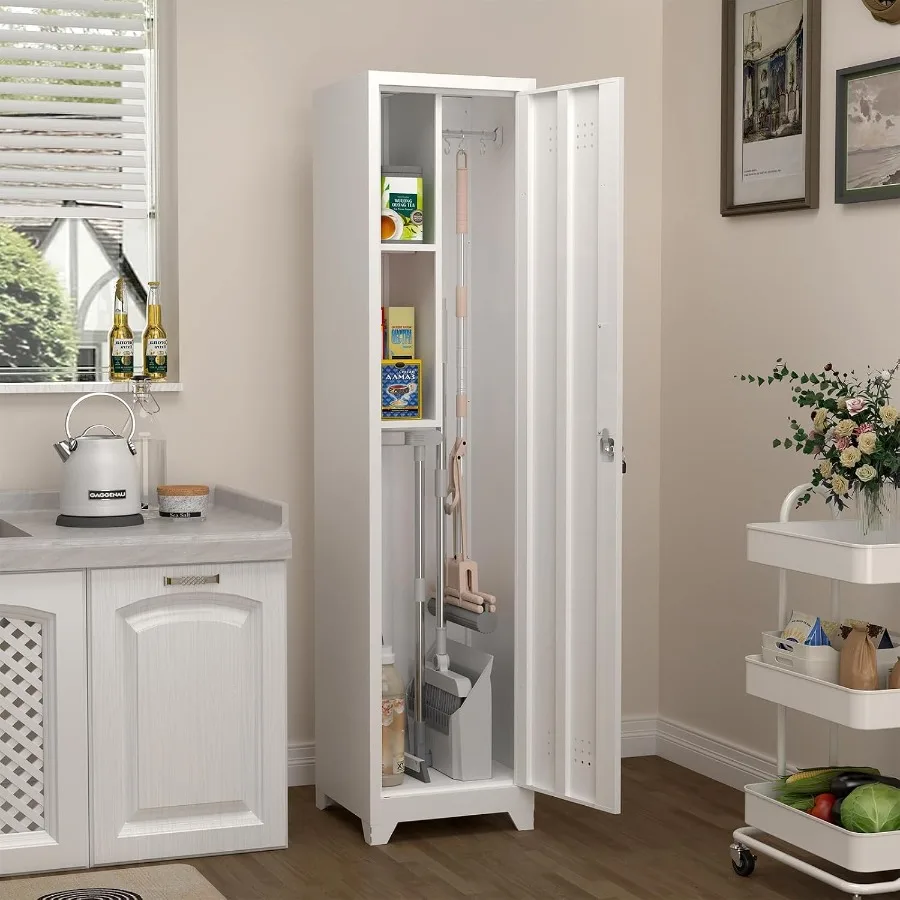 Tall Broom Closet Storage Cabinet, Narrow Metal Storage Cabinets for Brooms and Mops, Slim Utility Cabinets with Doors, Broom C
