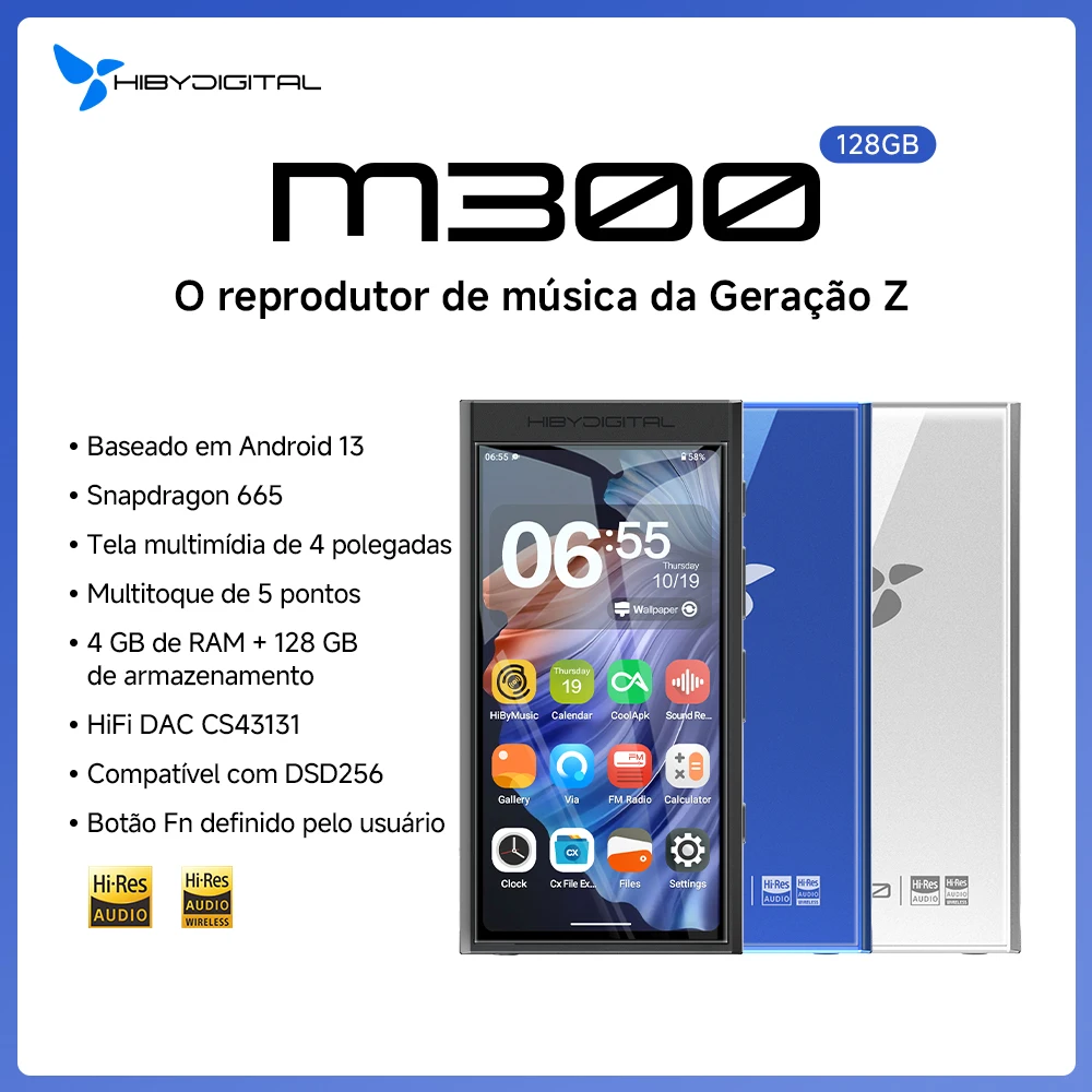 Hiby digital m300 android 13 leitor de música mp3 áudio de alta fidelidade bluetooth wifi dsd256 rádio fm microfone duplo alto-falante embutido ips 29 horas 128gb