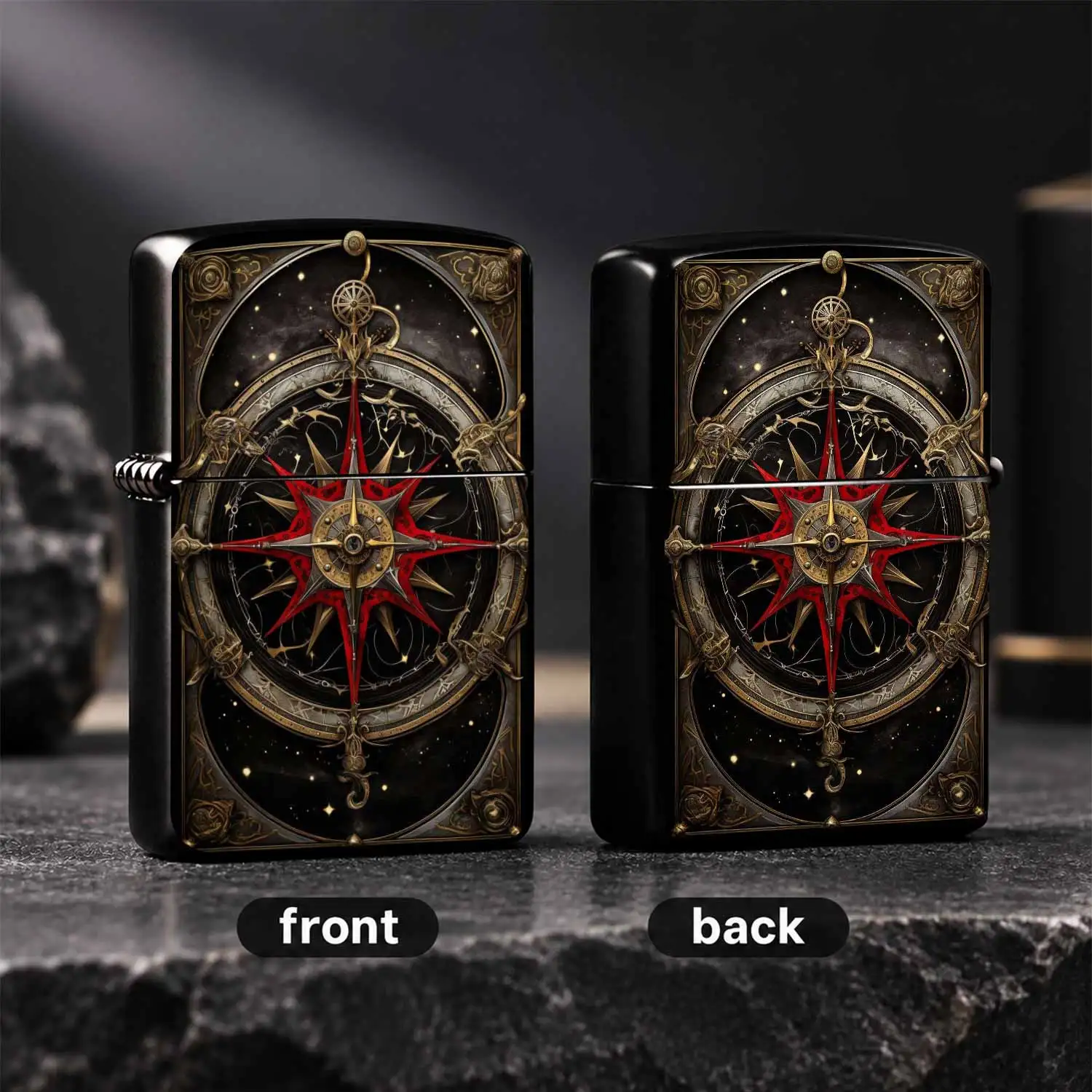 Vintage Dark Starry Compass Lighter Classic Windproof Full Sturdy Body Etched Gilt Red Pattern Wind Rose Design Starry Aged Texture Collectible Pocket Lighter Gift for Men Explorer Travel Enthusiast Birthday Present A Fun and Humorous Lig