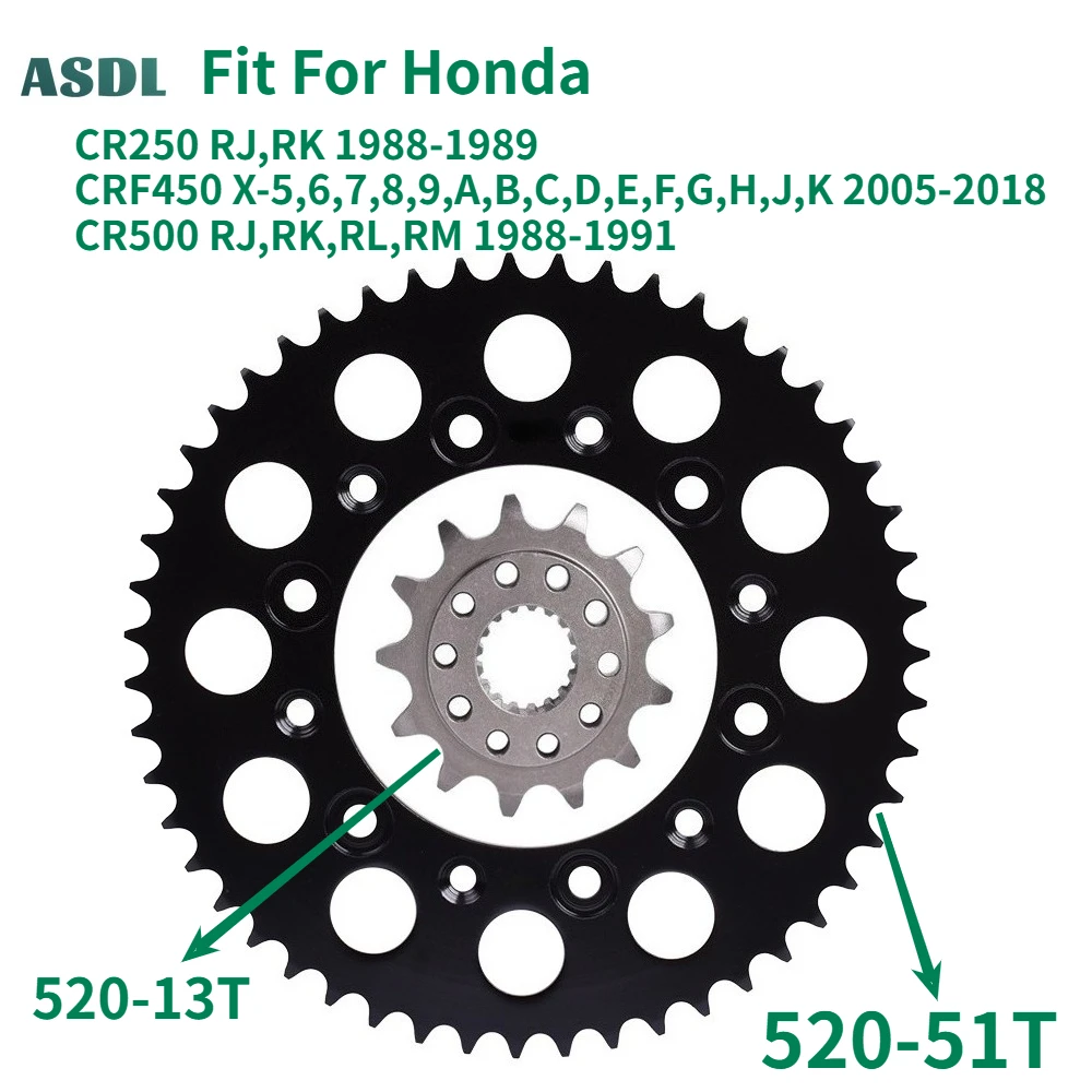 

520 51T 13T Tooth Front Rear Sprocket Gear Wheel Pinion Cam For Honda CR250 RJ RK CRF450 2005-2018 CR500 RJ RK RL RM 1988-1991