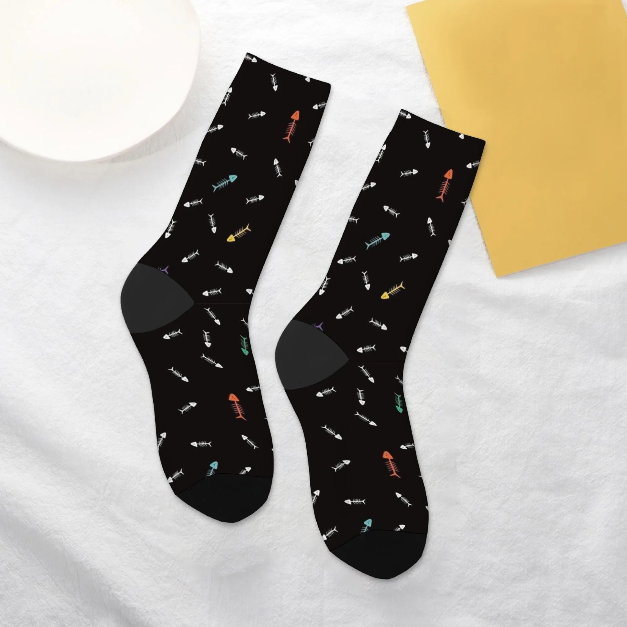 1 Paar Unisex-Socken, minimalistisch, niedlich, Fisch- und Knochen-Kunst-Crew-Socken, schwarz, bunt, Fischdruck, weich, bequem, für Meereslebewesen