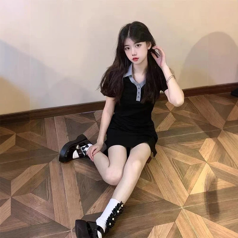 Summer New Contrast Color French Lapel Dress Female A-line Slit Skirt Fashionable Women's Short Skirt