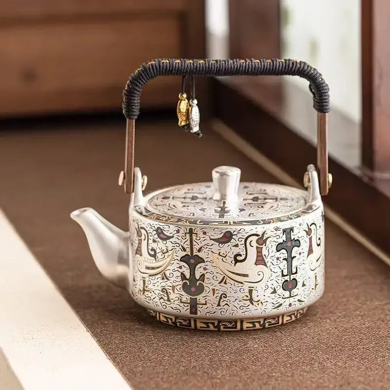 300ML Hand-painted 999 Silver Teapot To Make Tea Household Phoenix Bird Fragrant Pattern Slipping Beam Pot Light Luxury Tea Set