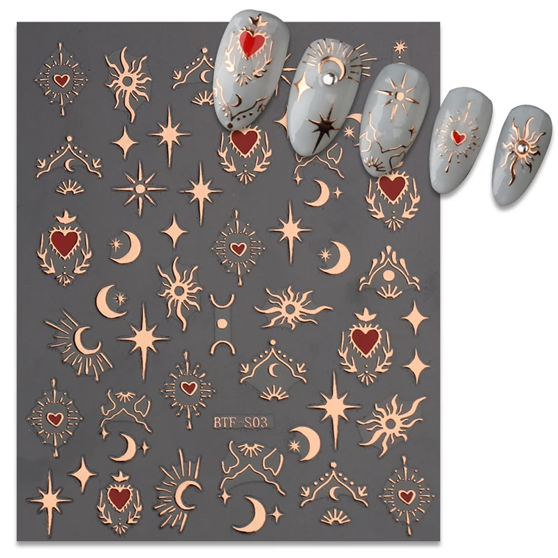 Mix 3 Sheets 3D Stickers for Nails Gold Sliver Rose Gold Laser Butterfly Moon Sun Adhesive Sliders DIY Nail Art Accessories