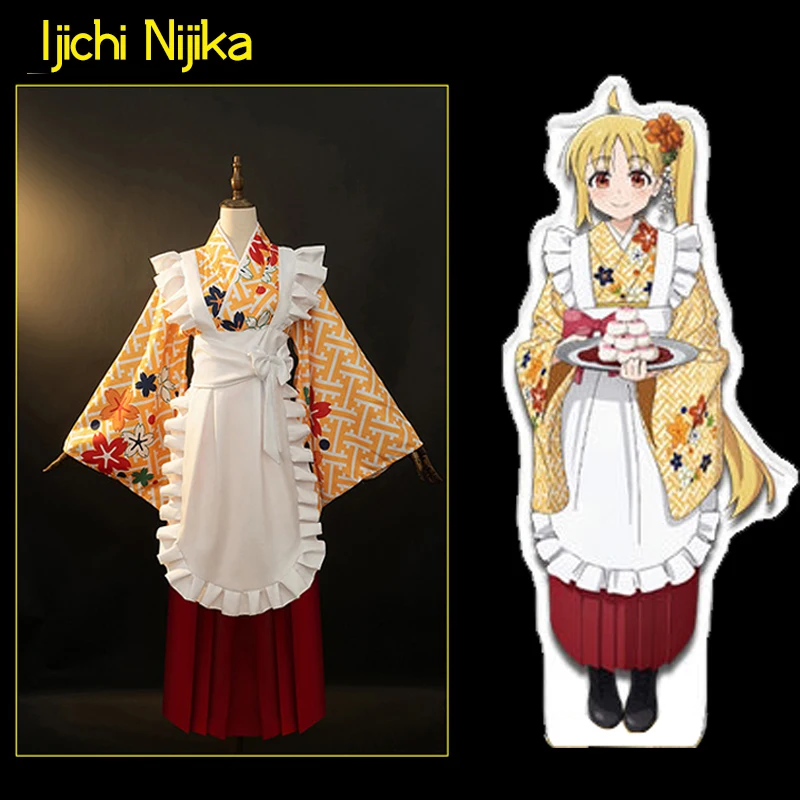 The Anime Bocchi the rock cos Ijichi Nijika cosplay Japanese Retro prints kimono Maid Women waitress costume D