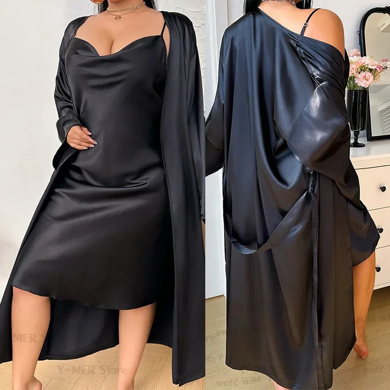 

Plus Size 5Xl Women's Silk Satin Pajamas 2Pcs Sexy Silky Pj Robe Set with Chemise Nightgown Kimono Bathrobe Gown Lingerie Suit