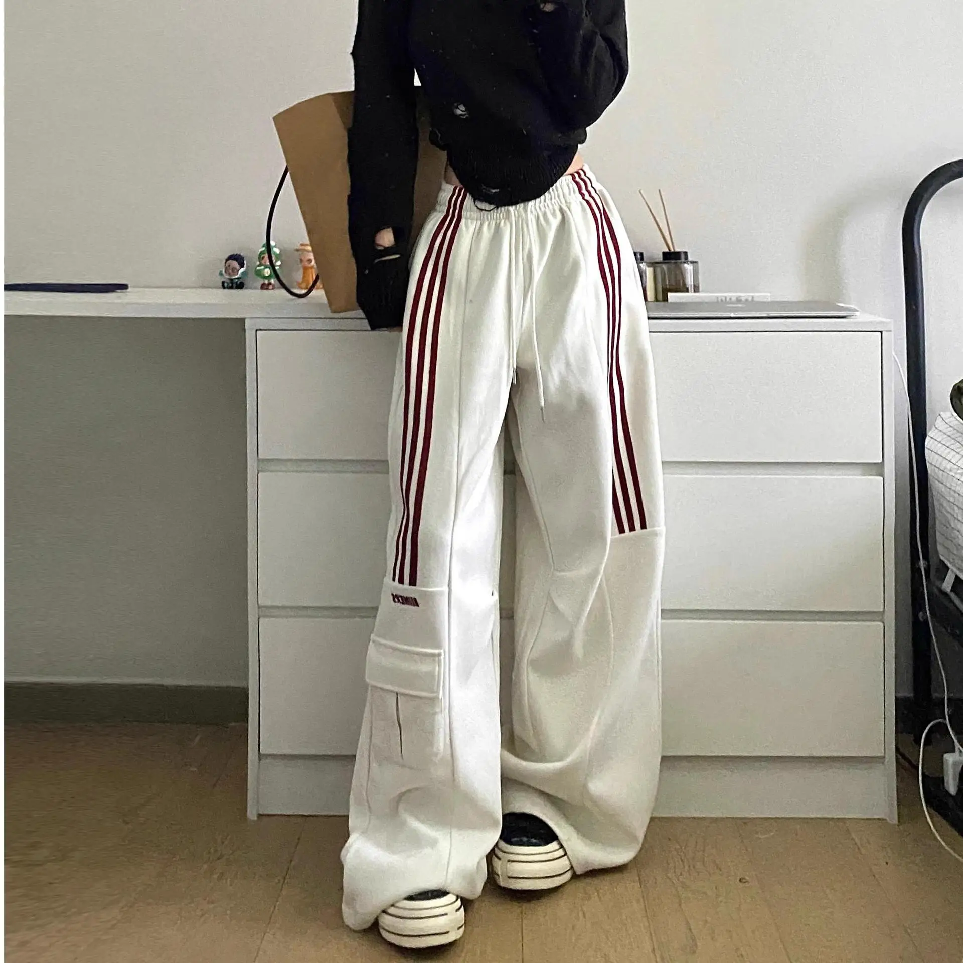 Women's High Waist Striped Sweatpants, Wide-Leg Pants, Casual Streetwear, Large, Black, Elastic, Hip Hop, Retro, Loose Fit, Y2k