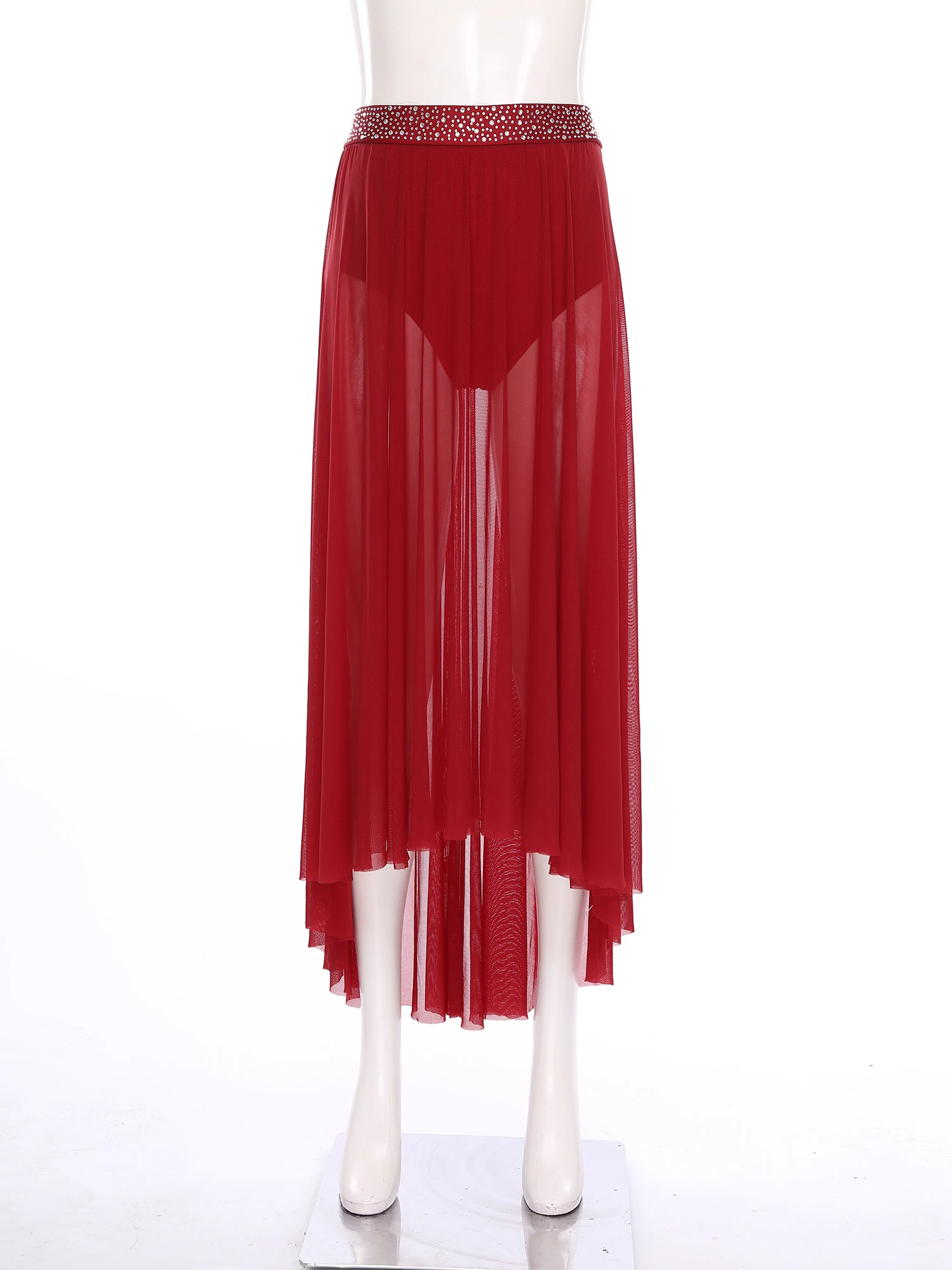 Gonne da danza lirica contemporanea da donna Cintura con strass lucidi Spacco laterale Gonna a rete irregolare alta-bassa con slip incorporati