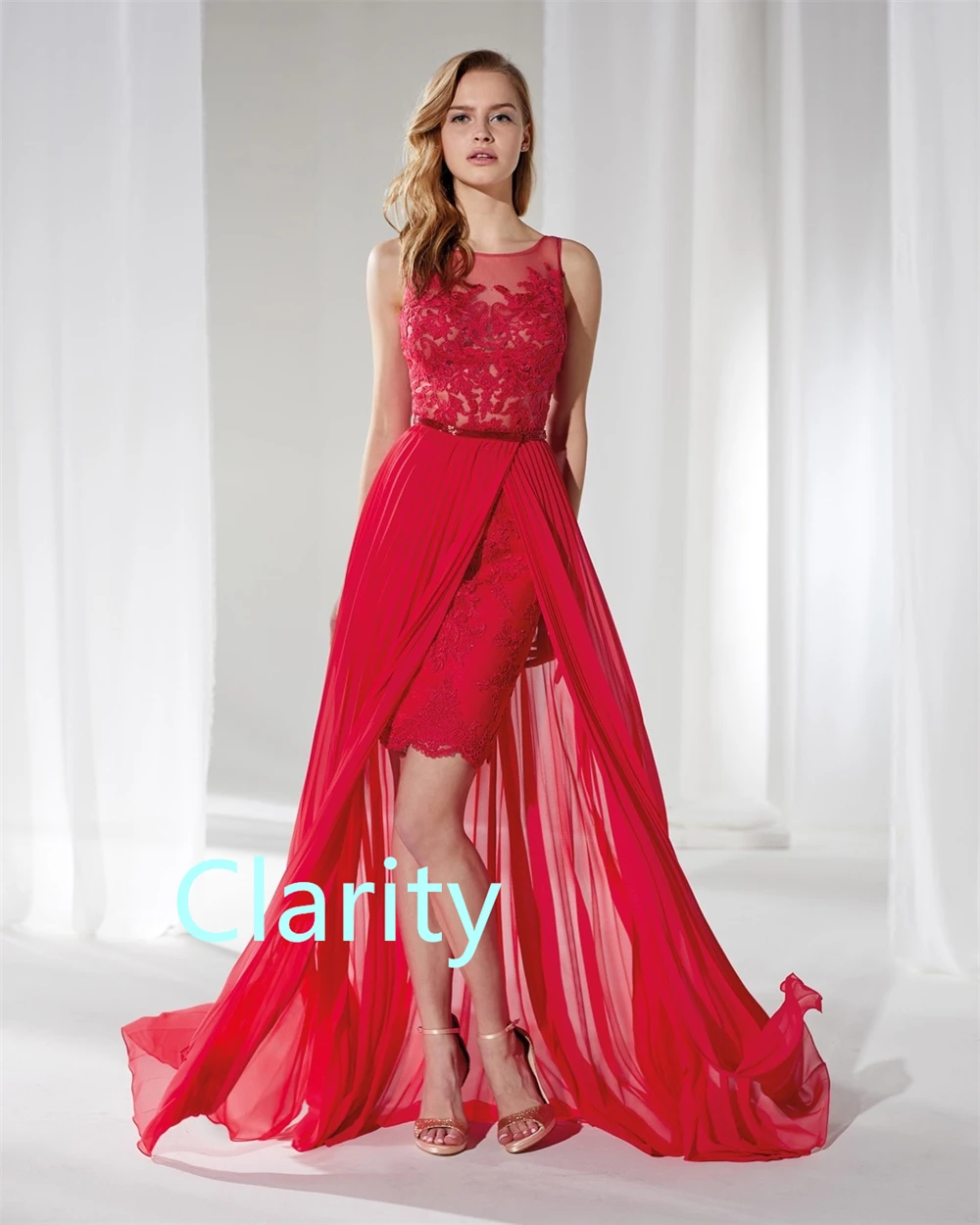 فساتين سهرة شيفون حمراء ساحرة مخصصة رائعة برقبة دائرية بدون أكمام لحفلات العودة للوطن فستان مثير للحفلات #6