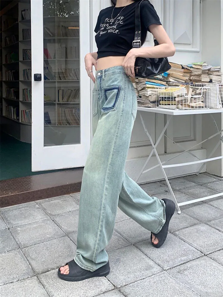 American Retro Distressed Straight Denim Pants Women's Contrast Color Pockets Design Wide Leg Jeans Classic Loose Casual Trouser