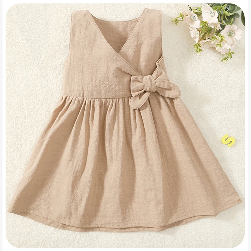 Baby Girls Summer New Sleeveless Clothes Toddler Linen Casual Dress Vacation Beach Style Belt Dresses Kids 1st Birthday Costume