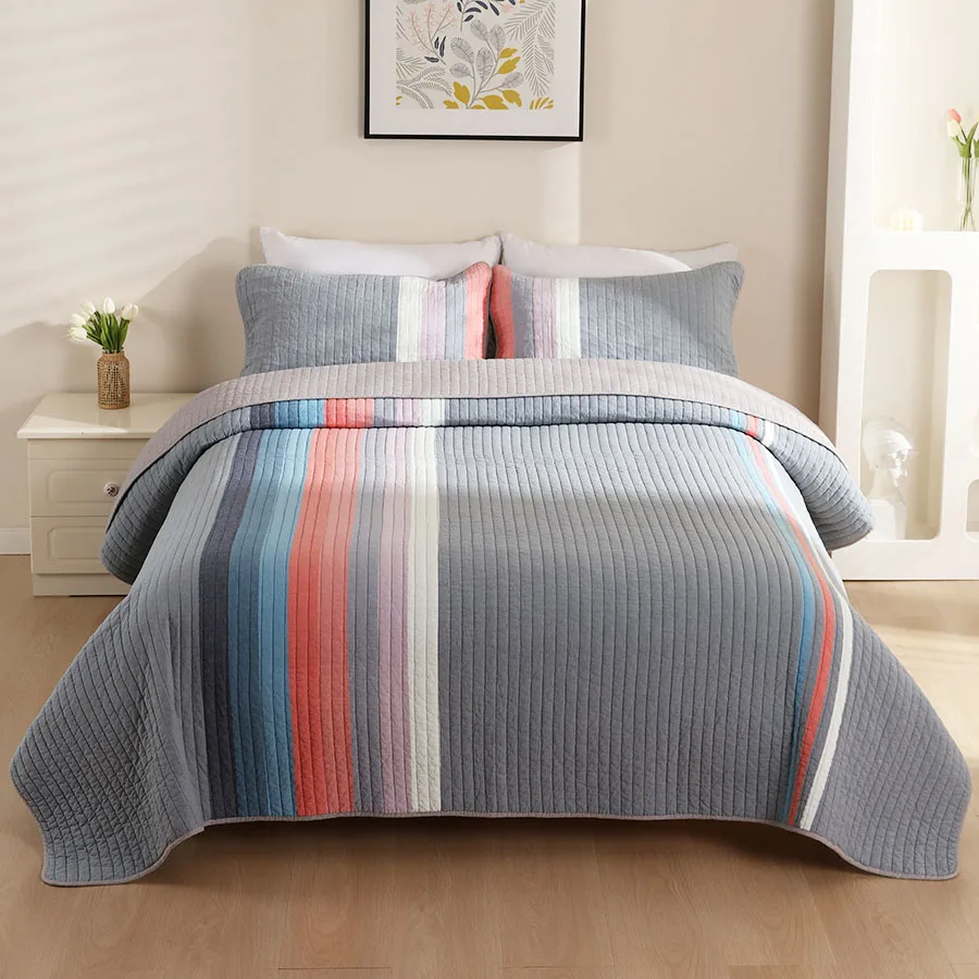 CHAUSUB Stripe Quilt Set 3PCS Cotton Bedspread on the Bed Reversible Queen Size 220x240cm Summer Blanket on Bed Coverlet