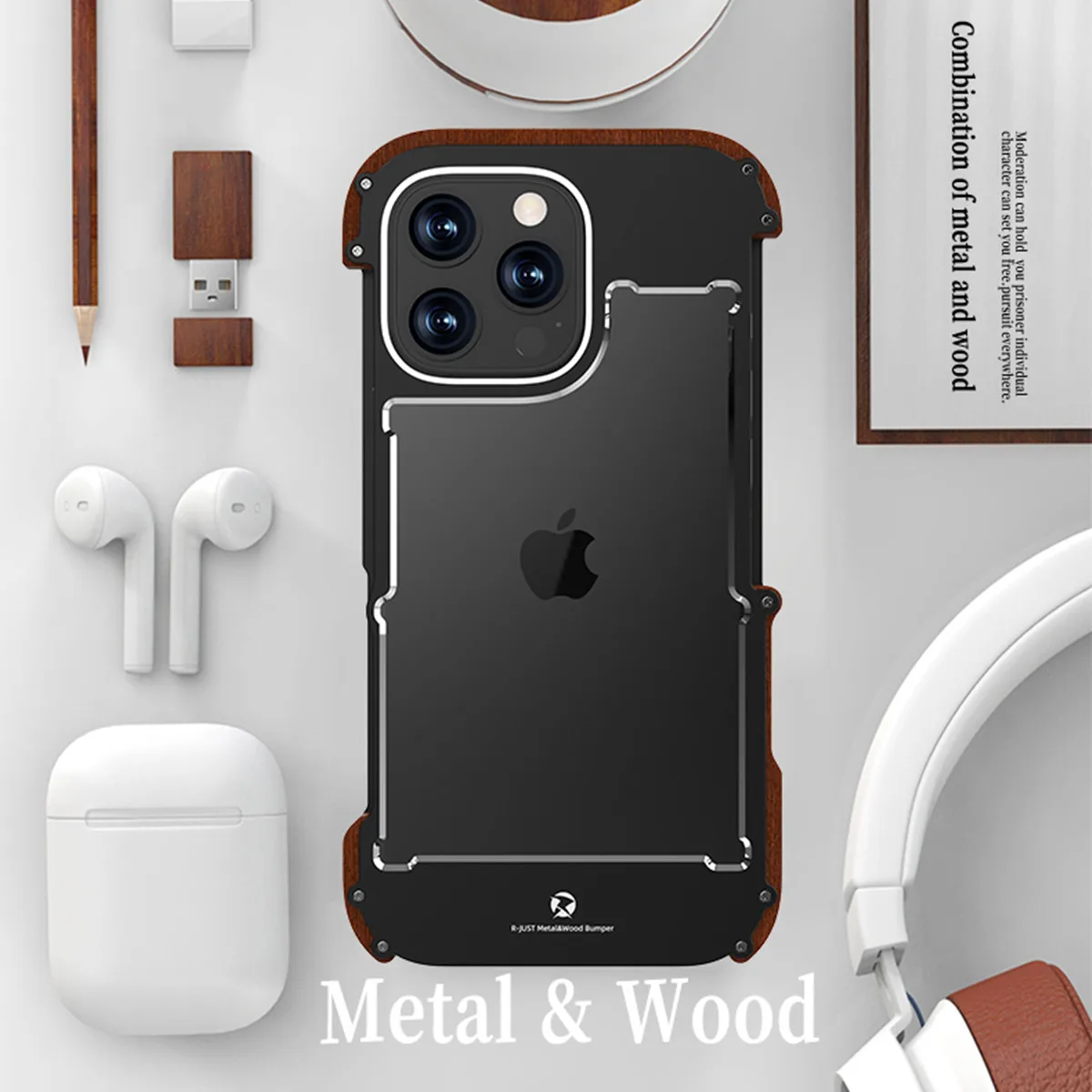 Iron wood Case for iPhone 16 15 14 13 12 Pro Max 16 Plus Wood Bumper Aluminum Metal Cover Shockproof Dropproof Protective Cases