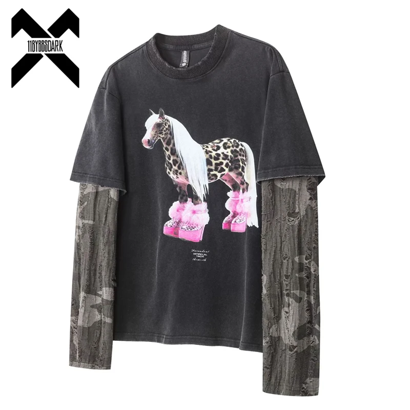 Fake Two-Piece Washed Long Sleeve T-Shirt Distressed Destroyed Vintage Tee Streetwear Layered Top Y2K