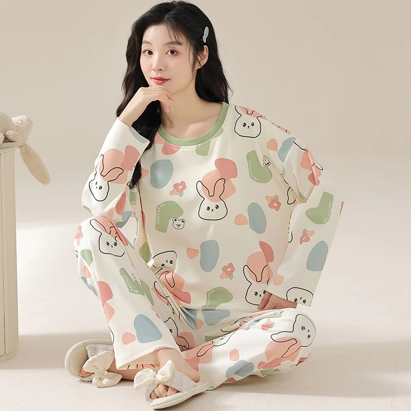 Rabbit Women Pajamas Sets Pullover Long Sleeves Long Pants Autumn Winter Cute Pyjamas Soft Sleepwear Cozy Pijamas Lady Girls Pjs