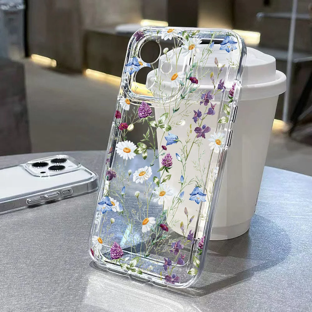 Flower Pattern Transparent Case For iPhone 17 Air 17 15 16 Pro Max 11 14 12 13 Pro Max Soft Silicone Floral Cover Funda Bumper