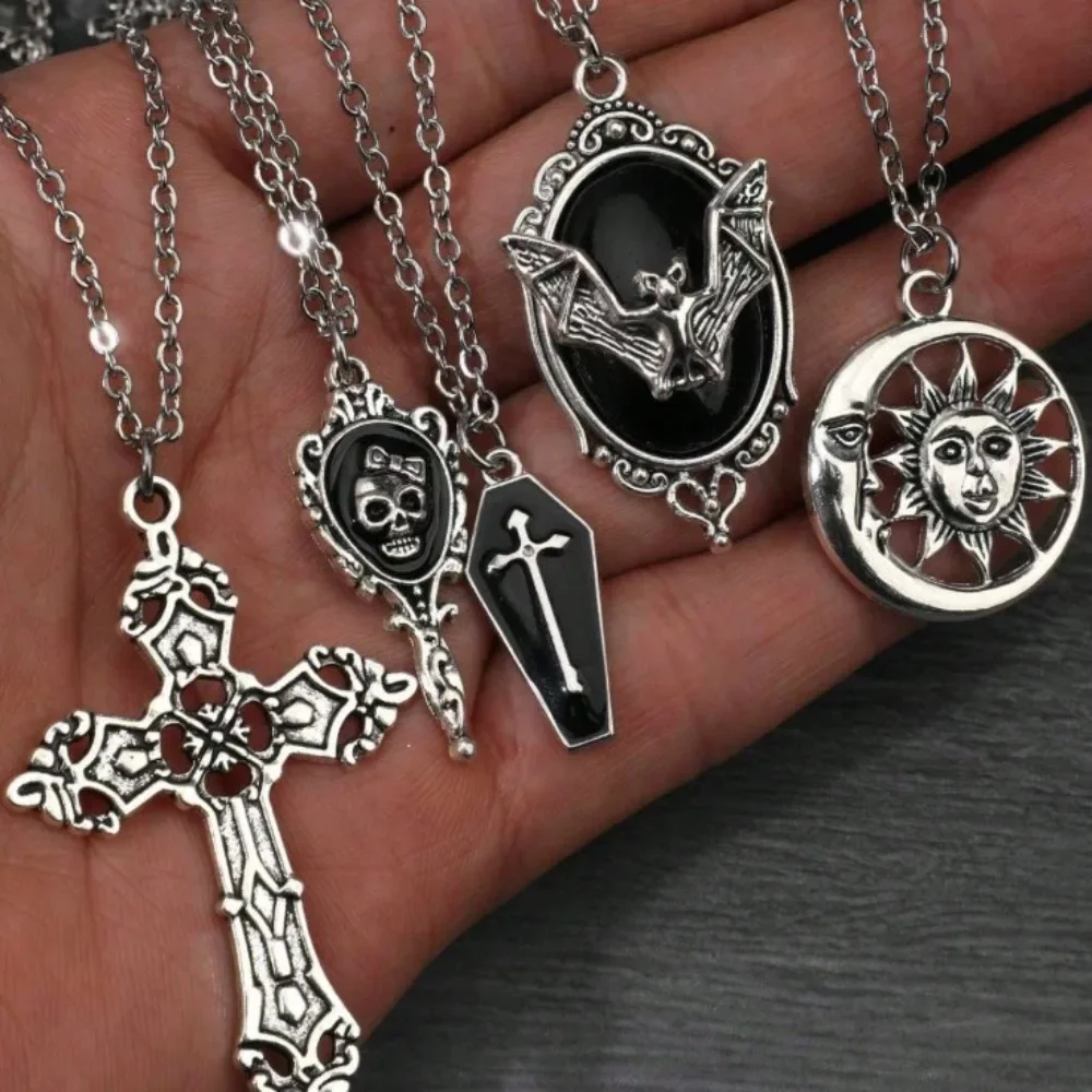 5pcs set Punk Rock Relief Bat Skull Sun Cross Coffin Pendant Necklace for Men Women Friend Halloween Y2K Gothic Jewelry Gift