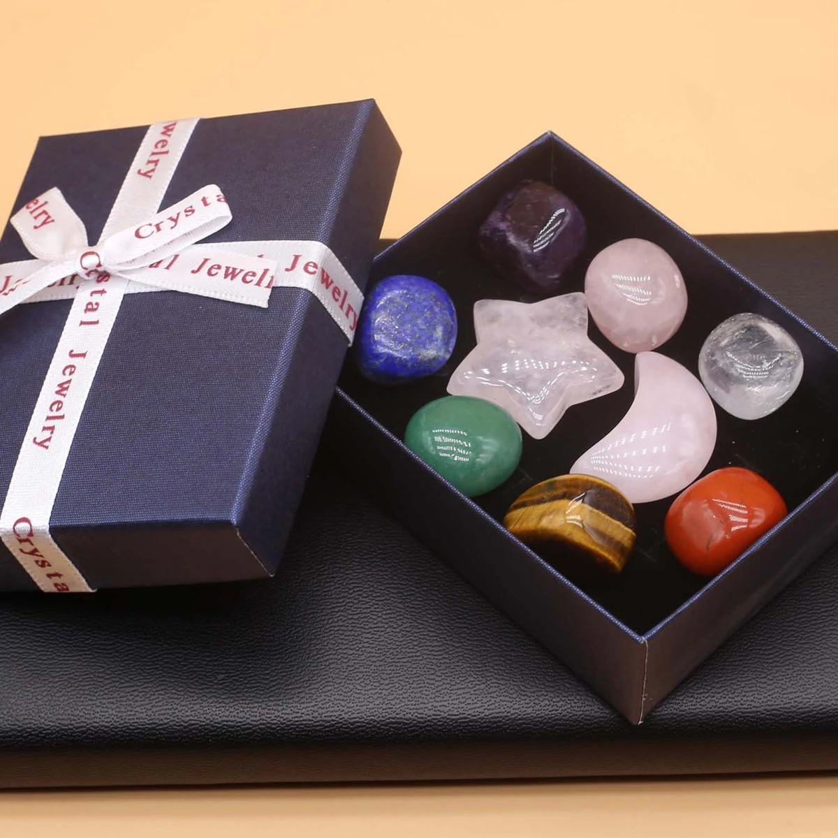 9Pcs Natural Stone Beads Ornament Set Chakras Gemstone Mineral Healing Ornaments Resin Pendant Gifts Box Home Decoration