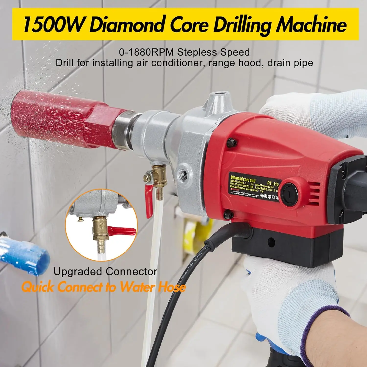 Perforadora de núcleo de diamante portátil de 1500W, funcionamiento seco y húmedo, 1880RPM, diámetro máximo de perforación de 4" para hormigón/ladrillo/piedra ﻿